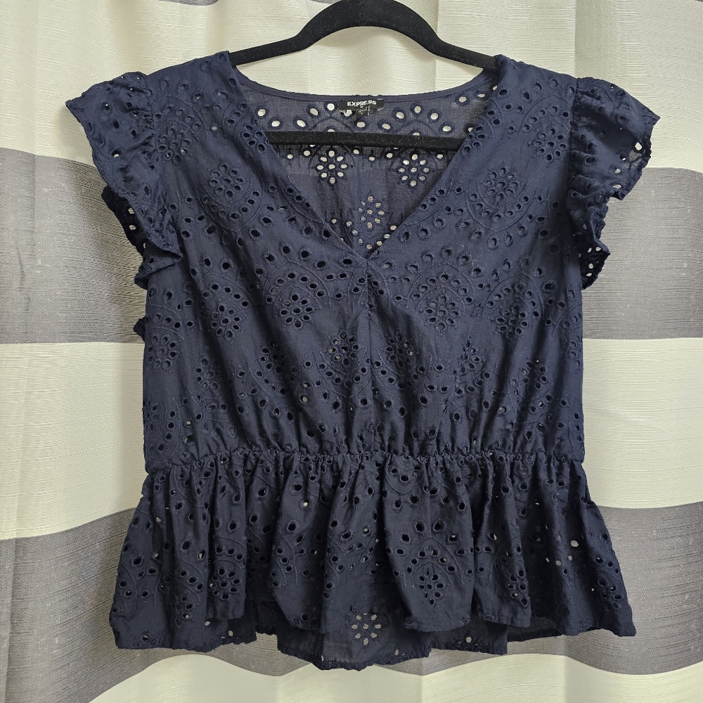 Express Navy Eyelet Peplum Blouse